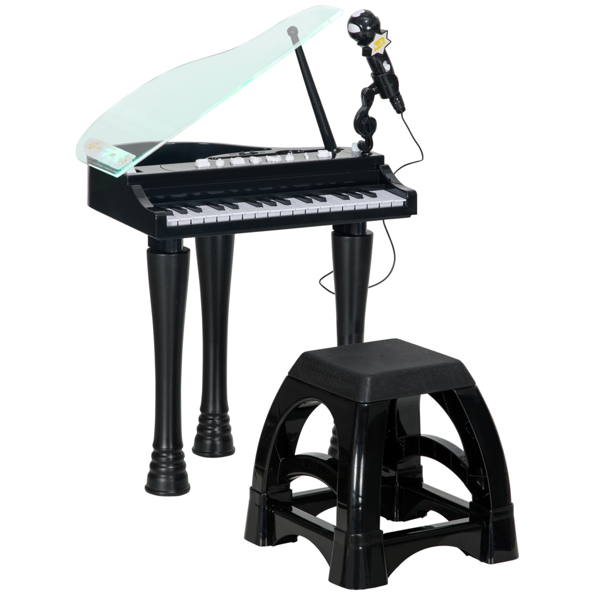 Jouet musical piano électronique - tabouret, micro et support - clavier 37 touches, effet lumineux, nombreux modes - PP noir