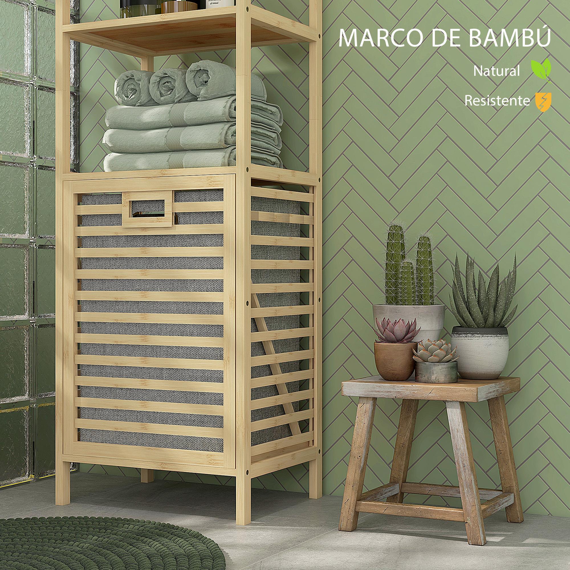 Estantería de Baño de Bambú Estantería de Almacenaje Mueble de Baño con 3 Estantes y 1 Cesto para Ropa Sucia Desmontable 44x33x160 cm Natural