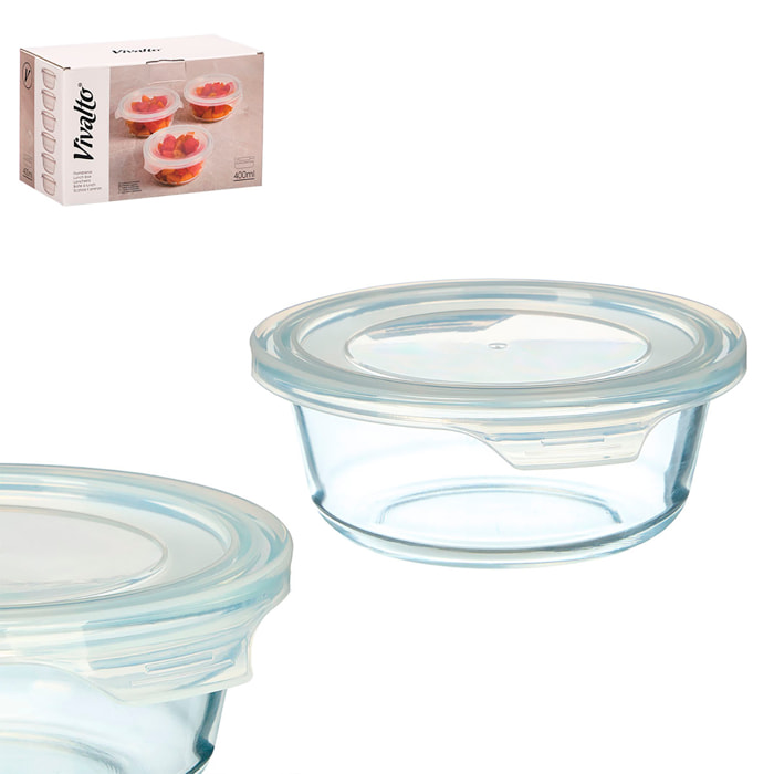 Pack 6 fiambreras de cristal redondas de 400ml con tapa transparente
