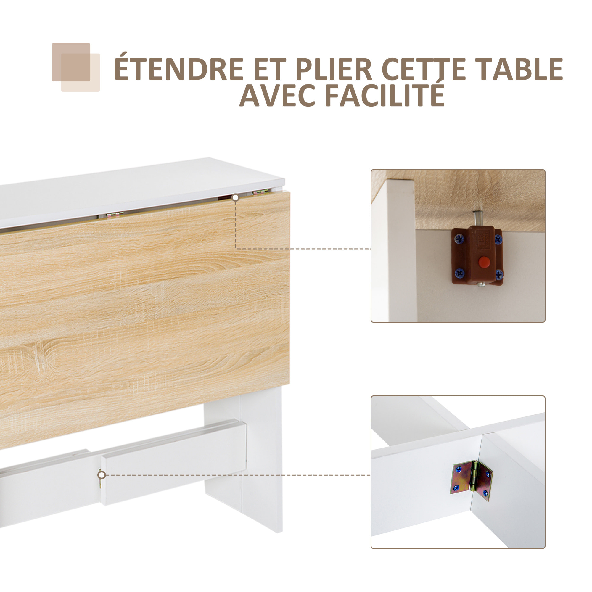 HOMCOM Table de cuisine pliable 103L x 76l x 74H cm panneaux particules bicolore chêne blanc