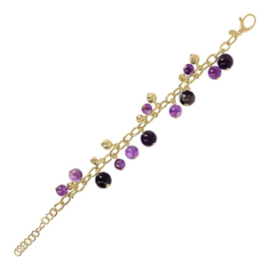 Bracciale in Argento 925 Placcato Oro Giallo 18kt con Ciondoli Sfere Martellate e in Pietra Naturale Ametista Viola