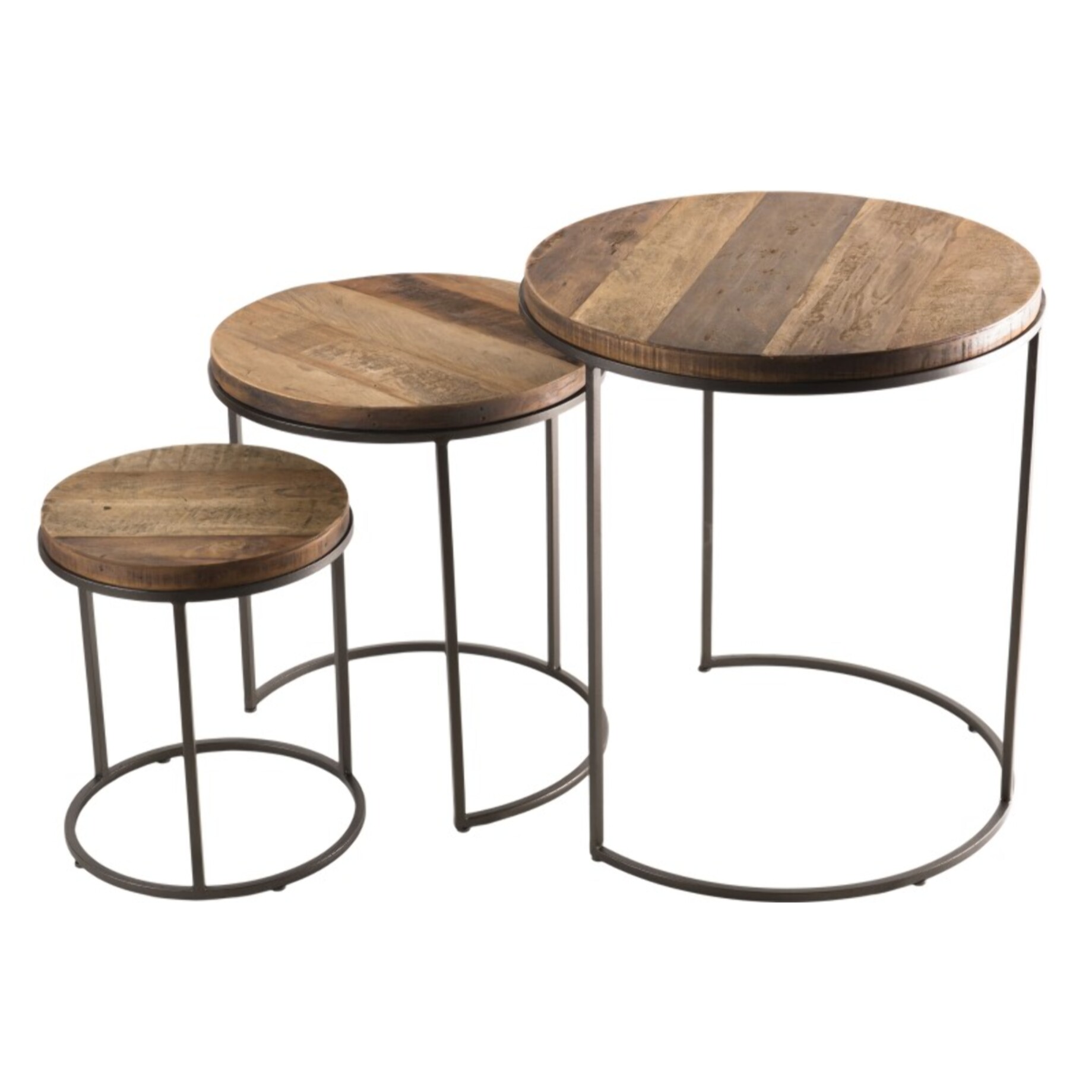 SIXTINE - Set de 3 tables d'appoint rondes marrons Teck recyclé Acacia Mahogany pieds métal noirs