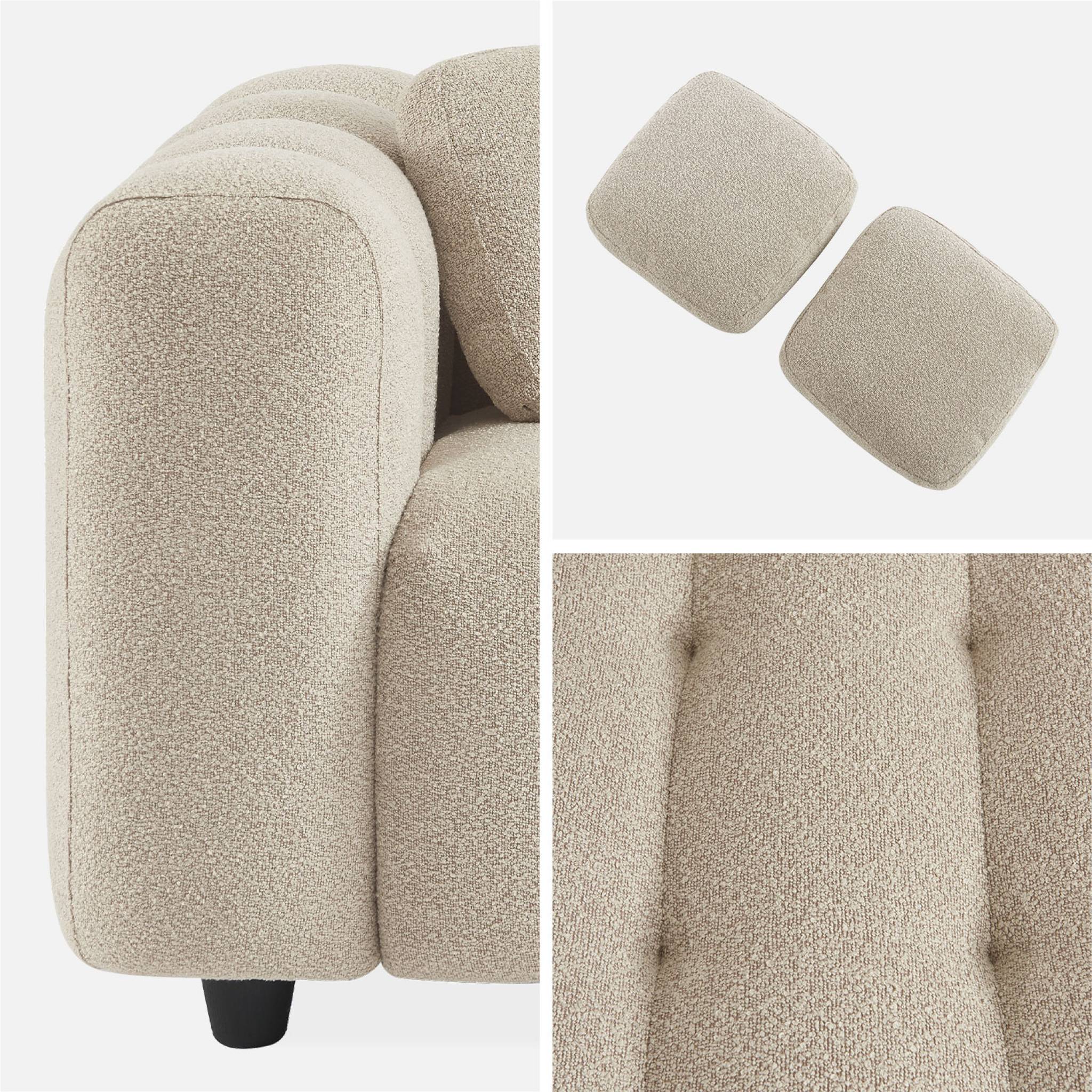 Canapé 3 places en bouclette texturée capitonné beige - Structure bois d'eucalyptus et contreplaqué