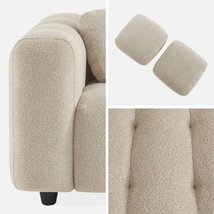 Canapé 3 places en bouclette texturée capitonné beige - Structure bois d'eucalyptus et contreplaqué