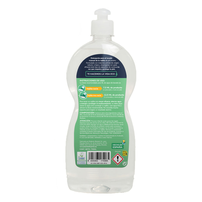 PLANETA HUERTO | Pack 6x Lavavajillas Manual Té Verde ECO 750 ml | Detergente Ecológico y Concentrado con Ingredientes Naturales