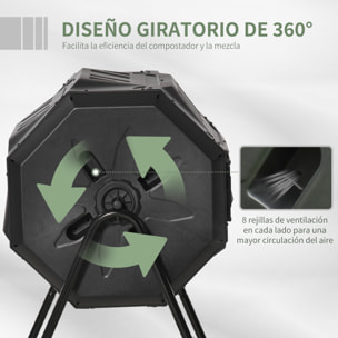 Compostador de Tambor Giratorio con Capacidad 160 litros de Doble Cámara y Ventilación Marco de Acero para Residuos Orgánicos de Jardín 71x64x96cm Negro