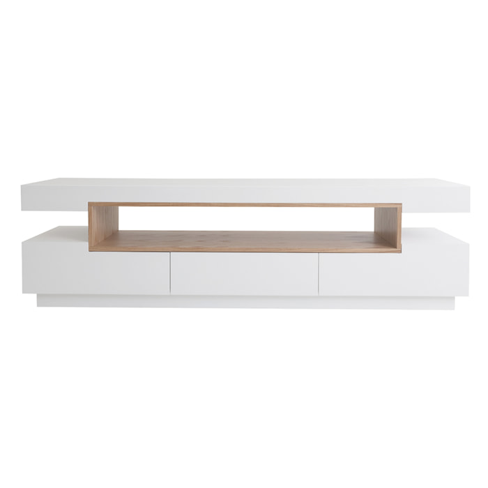 Meuble TV design blanc laqué brillant et bois L200 cm LIVO