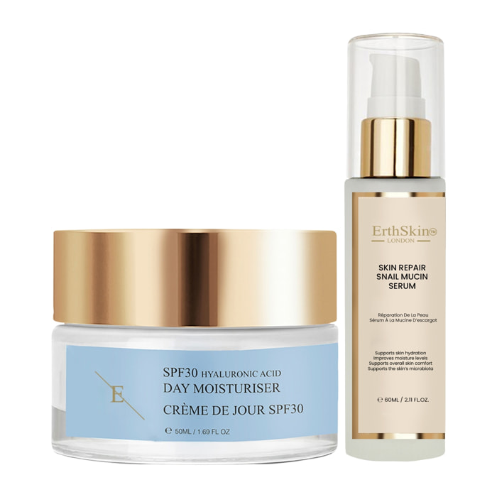 Sérum reparador de piel con extracto de caracol + crema de día con SPF 30