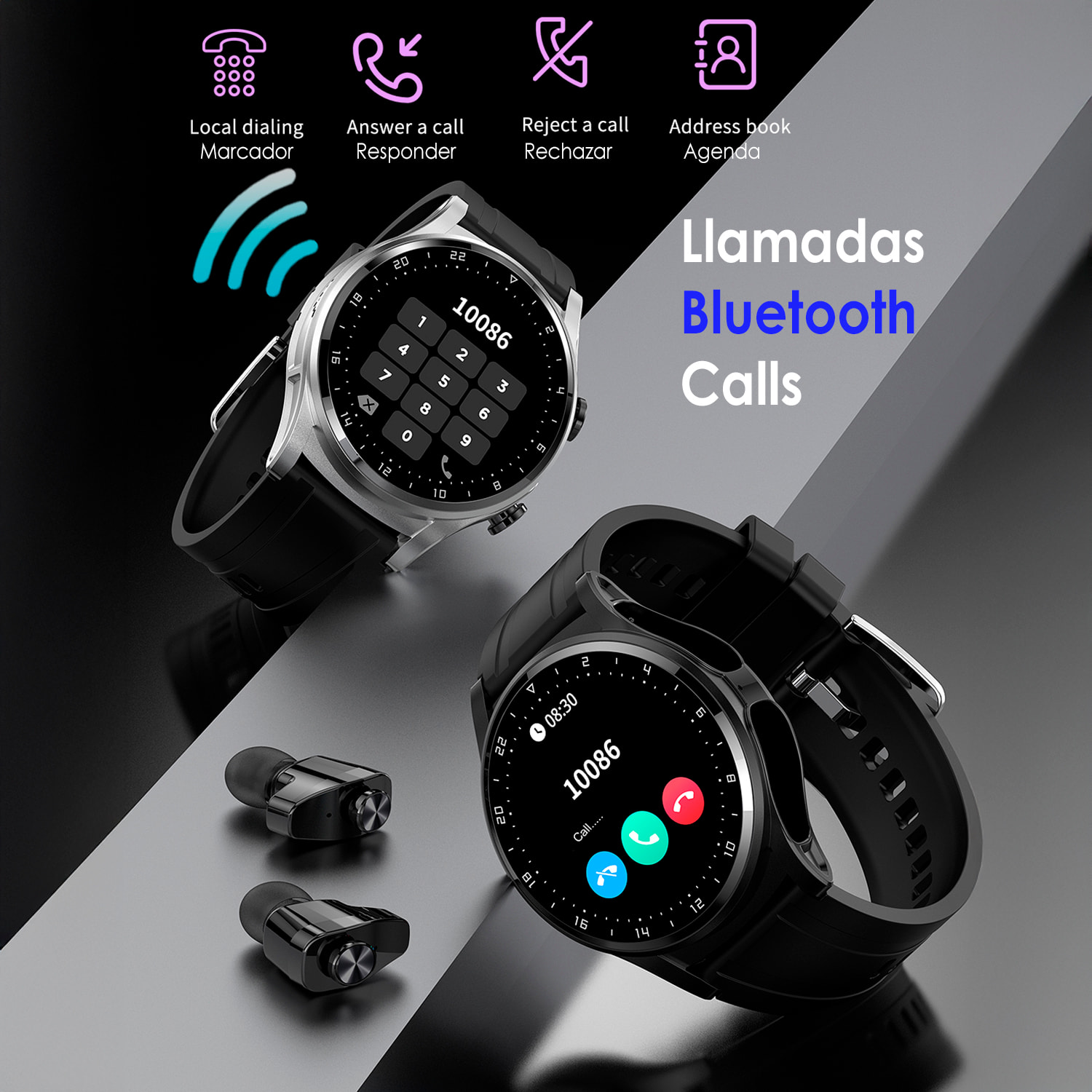 Smartwatch GT66 multideporte, mediciones de tensión y O2 en sangre, con auriculares TWS 5.1 integrados.