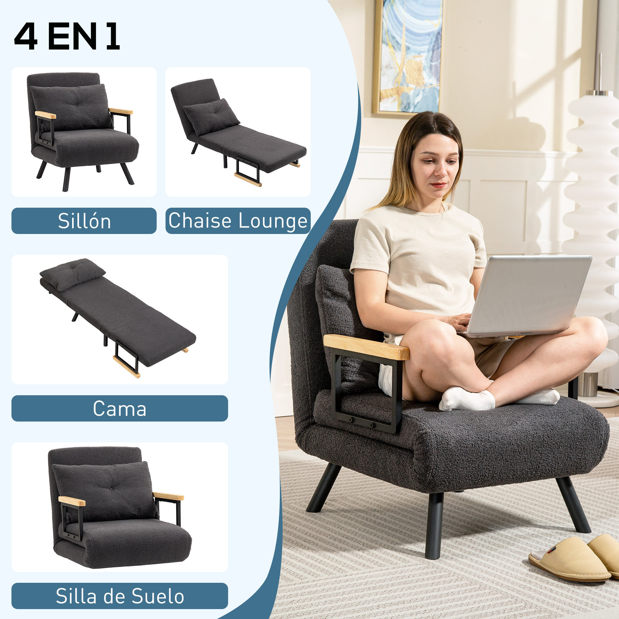 Sofá Cama de 1 Plaza Sofá Cama Plegable Tapizado en Borreguito con Respaldo Ajustable de 5 Niveles y Almohada Acolchada para Oficina Dormitorio Salón 63x73x81 cm Gris Oscuro