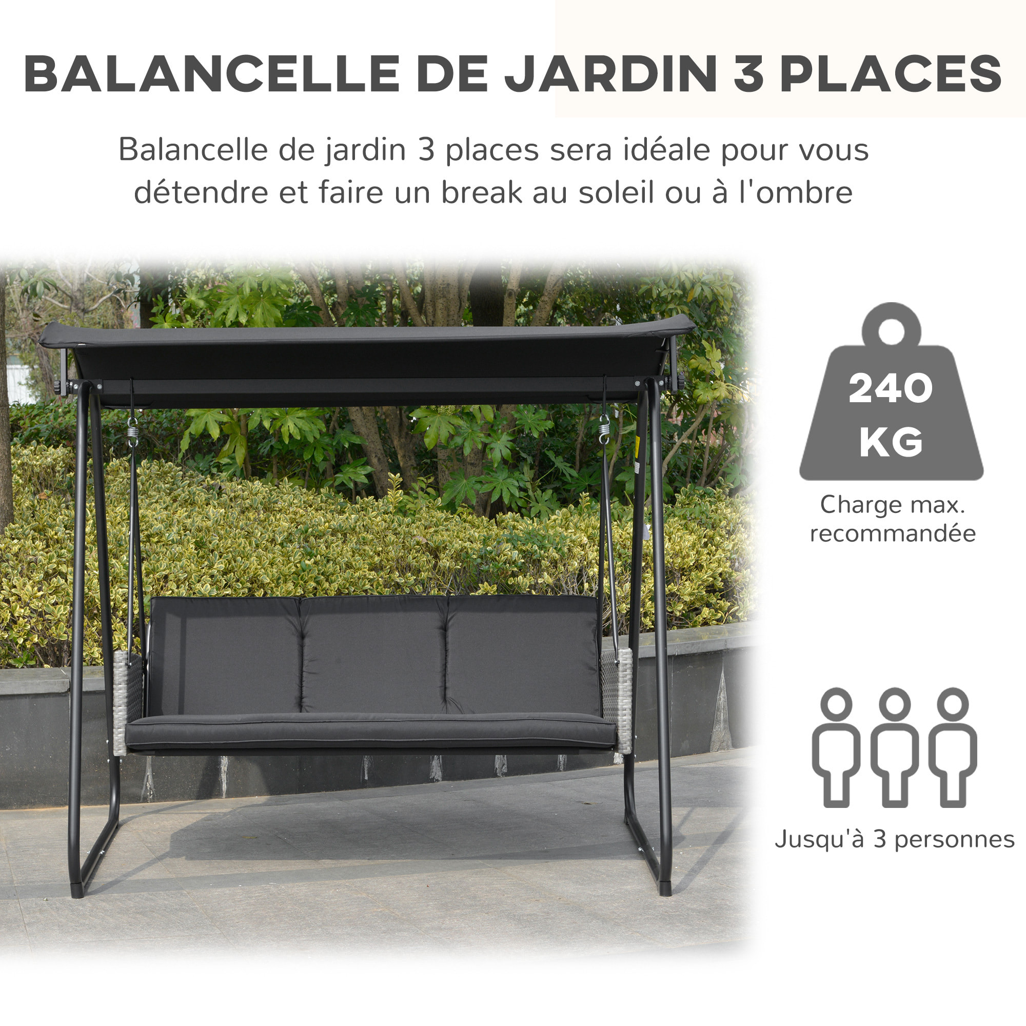 Balancelle de jardin 3 places auvent inclinaison réglable coussins assise et dossier résine tressée grise acier époxy polyester noir