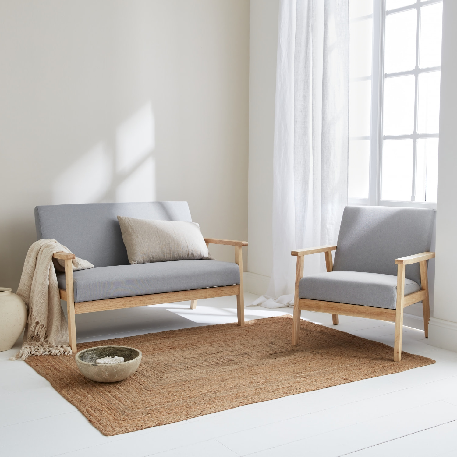 Banquette + fauteuil 3 places bois de peuplier, d'hévéa et tissu ISAK