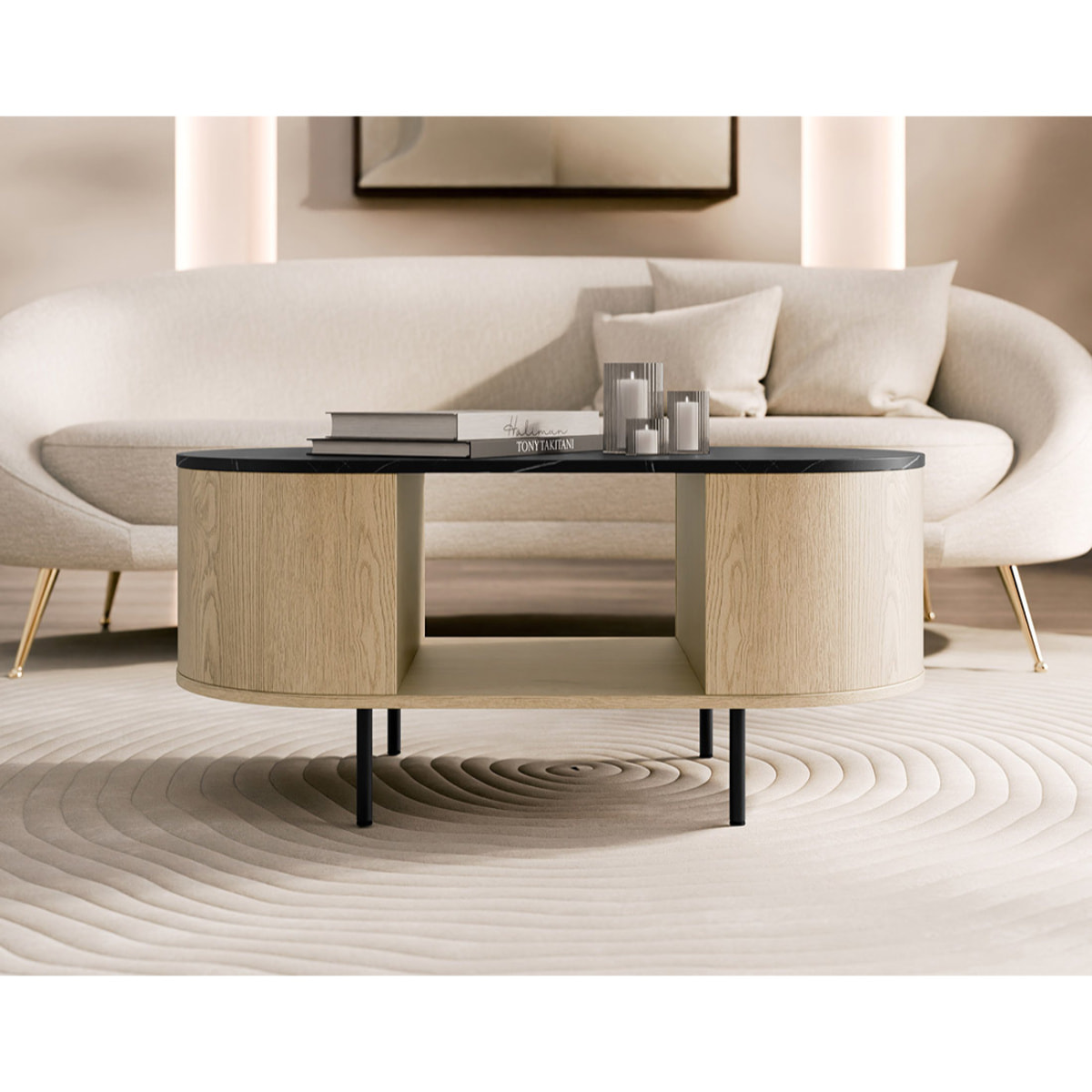 Sansa - table basse 100 cm - 1 niche - plateau effet marbre - Bois / Noir