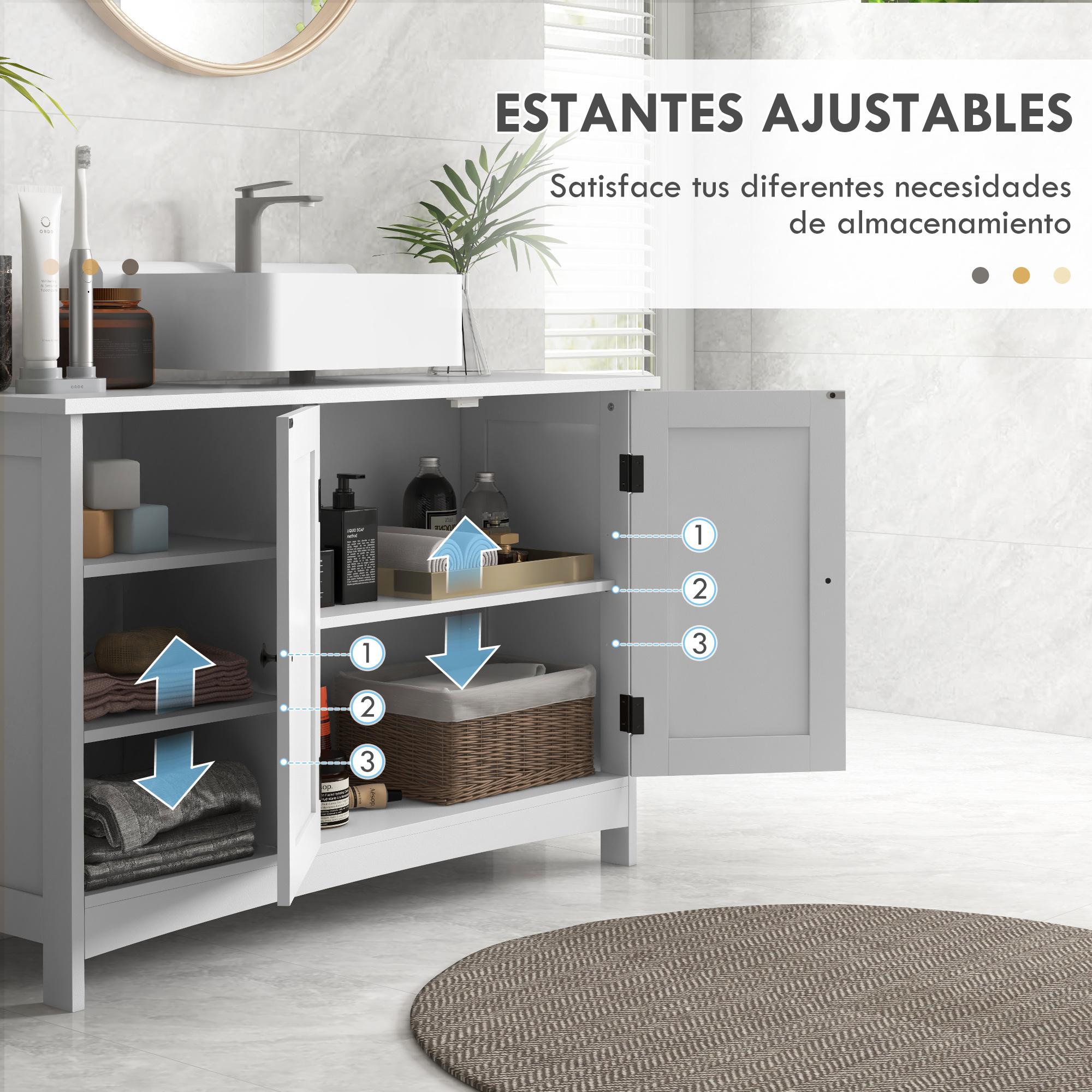 Mueble para Debajo del Lavabo de Madera Mueble Bajo Lavabo de Pie con 2 Puertas y Estantes Ajustables Antivuelco Estilo Moderno Carga 31 kg 90x30x60 cm Blanco