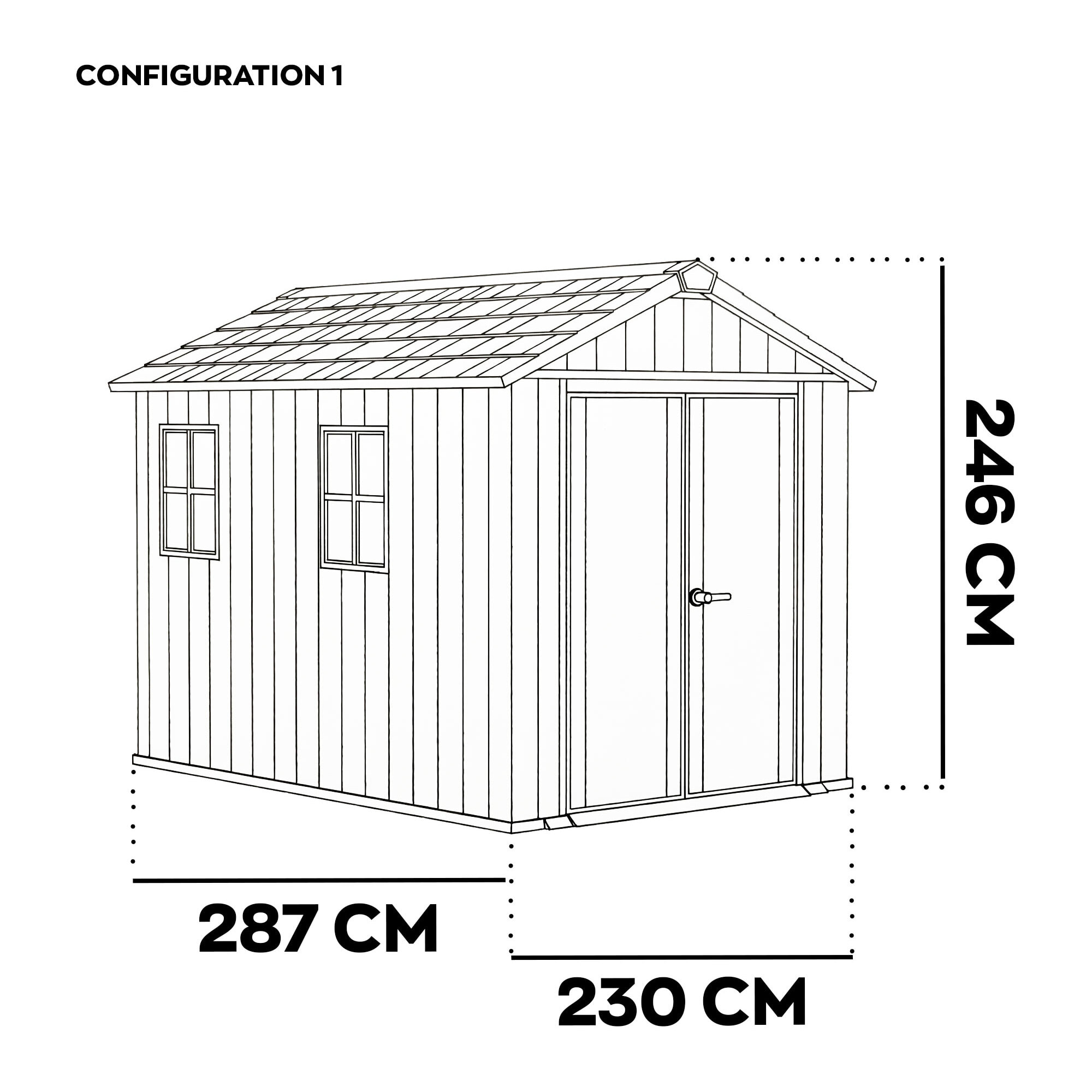 Newton + 759/975 - Casetta da Giardino 287x246z230 cm 2 Ante per deposito attrezzi finitura effetto legno Evotech+ in Resina Marrone e Nero