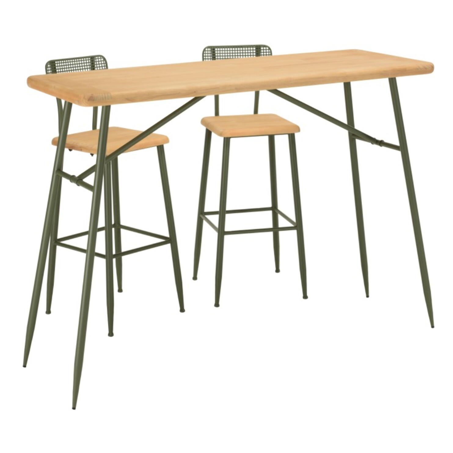 HELENA - Ensemble 1 bar + 2 tabourets en bois de pin et métal vert