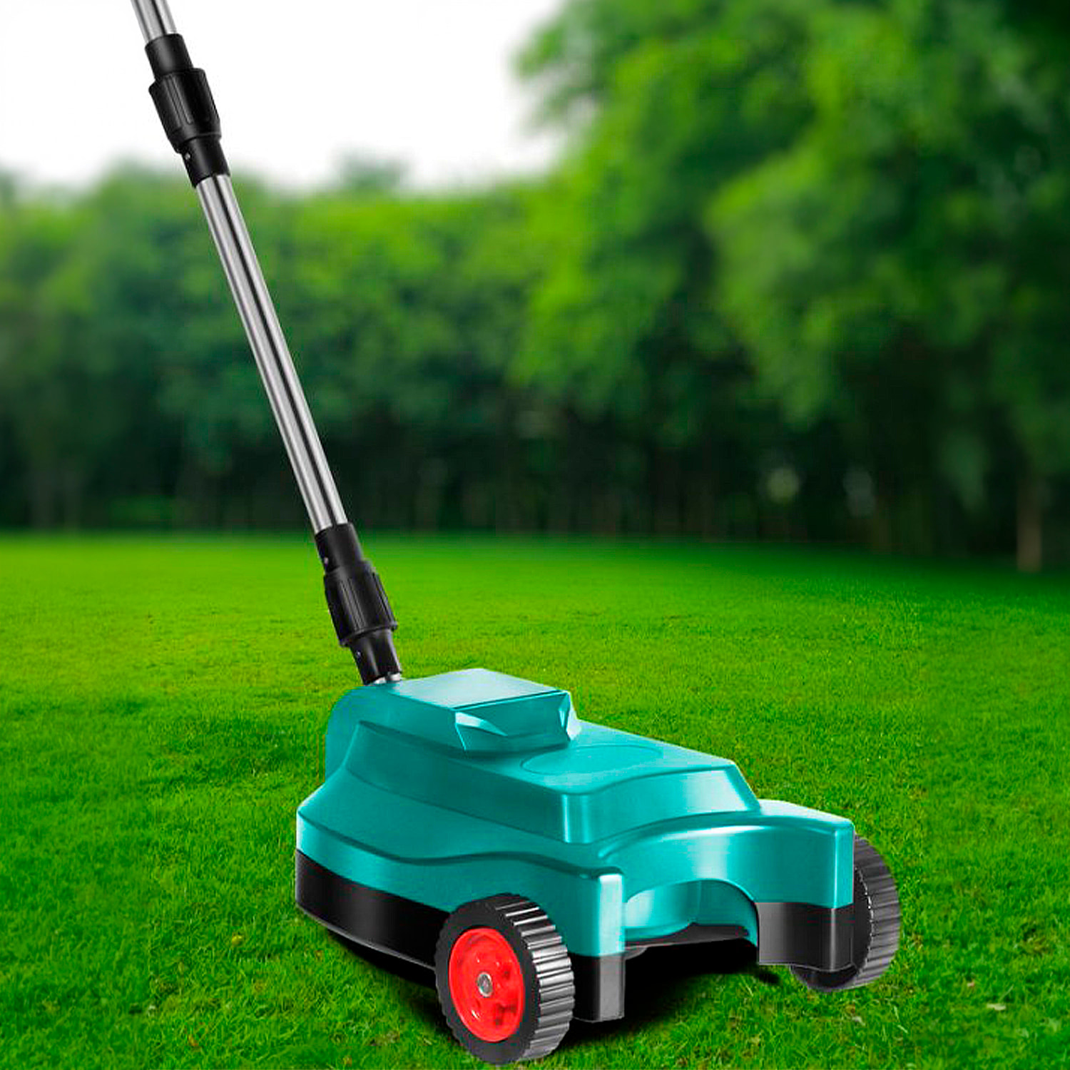 Tosaerba elettrico 21V con lama a 1.300rpm, due batterie ricaricabili da 15.000mAh, manico regolabile e tre livelli di altezza delle ruote.