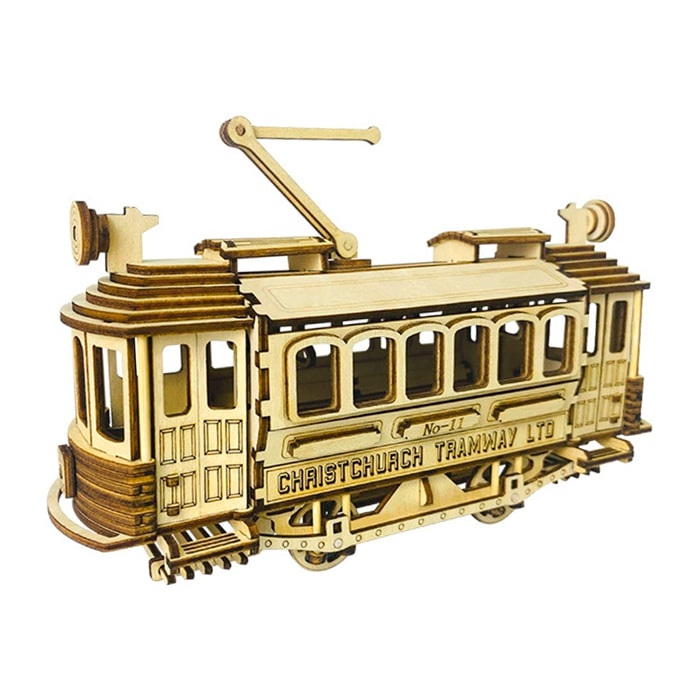 Maqueta de Madera 3D, con movimiento mecánico diseño de Tranvía Antiguo. 179 piezas.