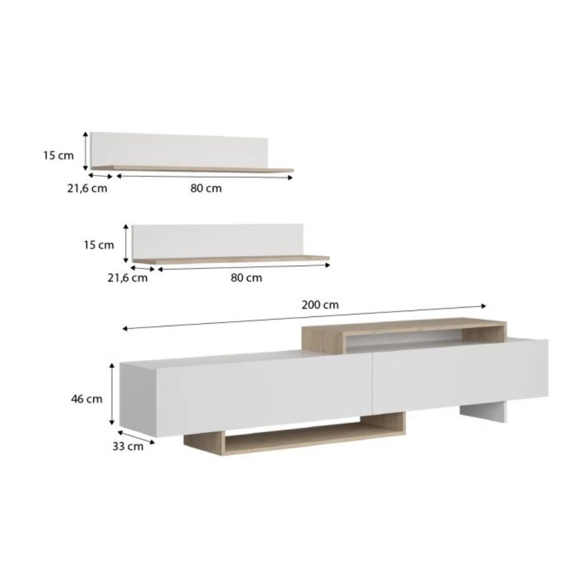 Salón Bender con mueble TV y estanterías blanco artik alpino 200 cm Blanco Artik (Blanco Mate) - Alpino