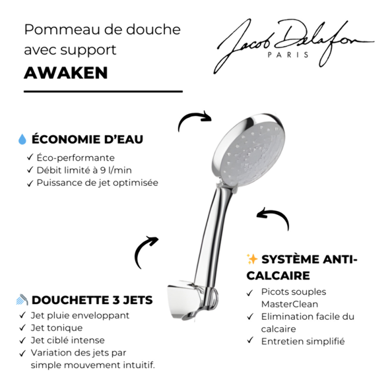 Douchette 3 jets Awaken organic avec support