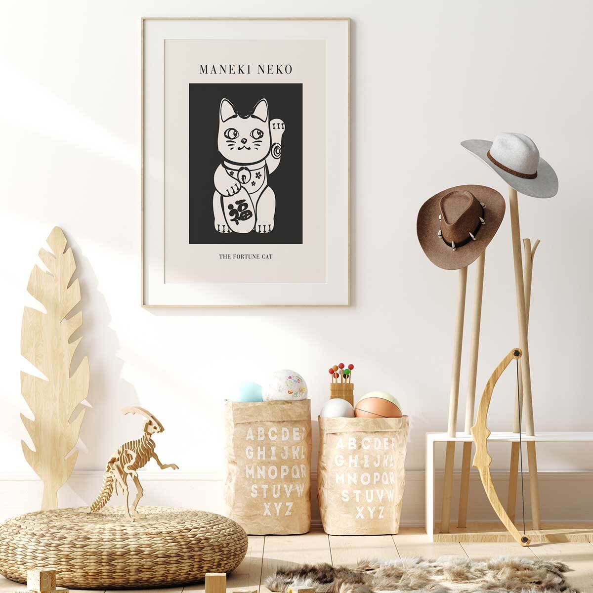 Affiche enfant manekineko  Affiche + cadre en bois - Chêne