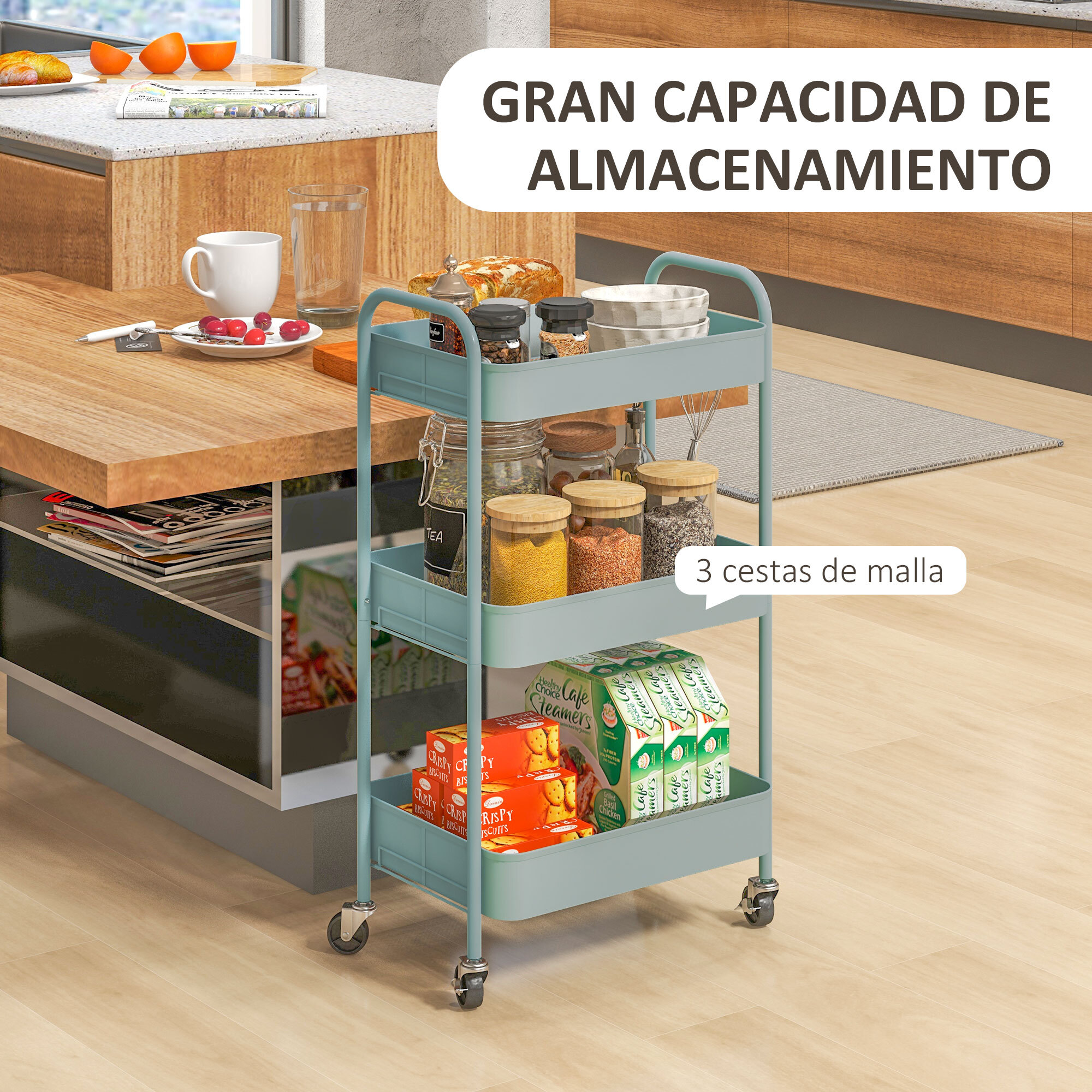 HOMCOM Carrito Auxiliar con Ruedas Carrito de Almacenamiento con 3 Cestas y Marco de Acero para Salón Dormitorio Oficina Cocina 45x30,6x79 cm Azul Claro