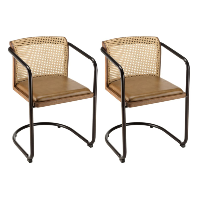 MARCEL - Lot de 2 fauteuils manguier assise cuir dossier arrondi rotin