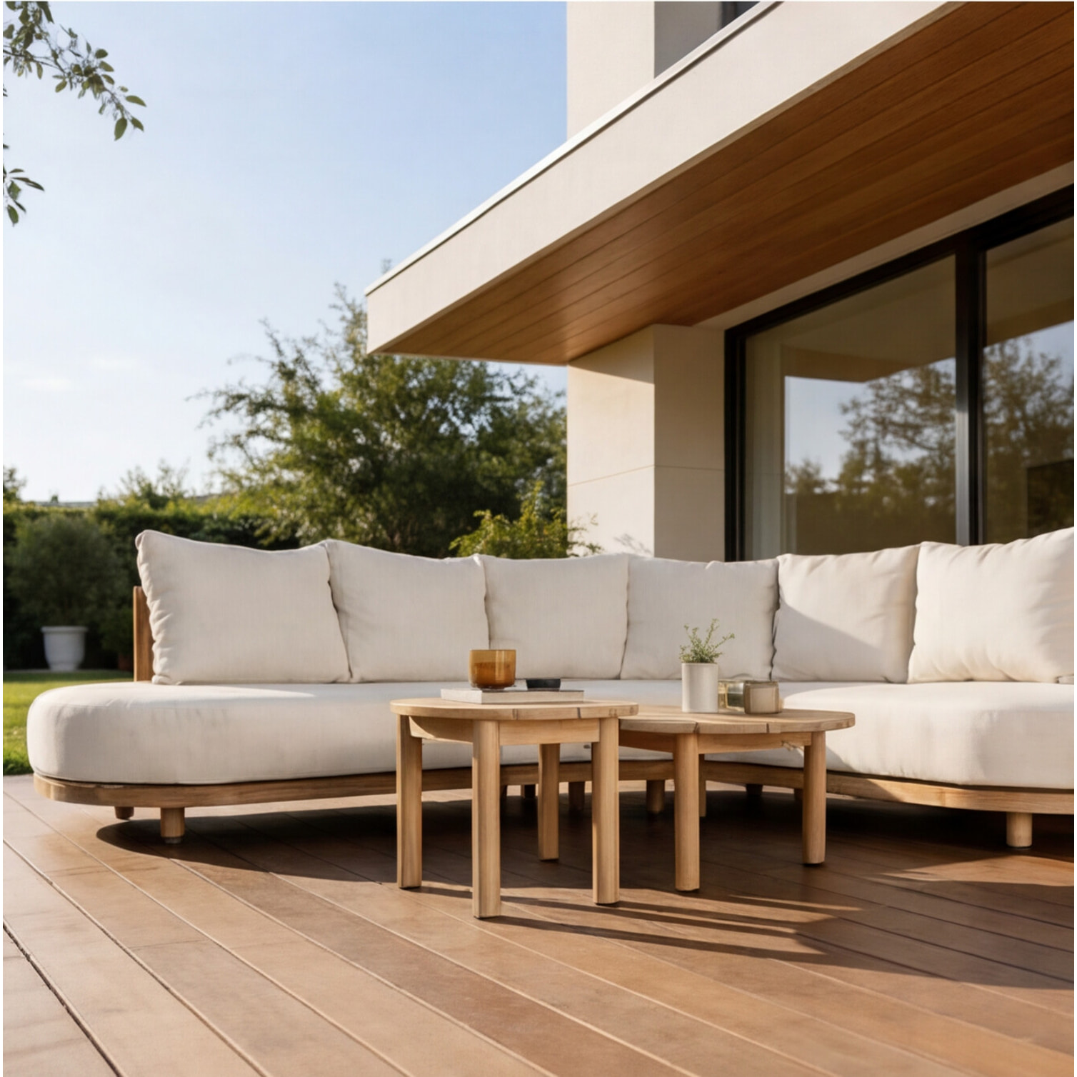 Salon de jardin 5 places en acacia et coussins beige LAGOA