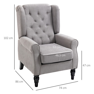 Fauteuil à oreilles style Chesterfield dossier capitonné grand confort bois noir tissu gris clair