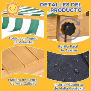 Outsunny Arenero para Niños de Madera Arenero Infantil con Toldo Ajustable en Altura 2 Bancos y Respaldos Desmontables para Patio Jardín 106x106x121 cm Natural y Rayas Verdes