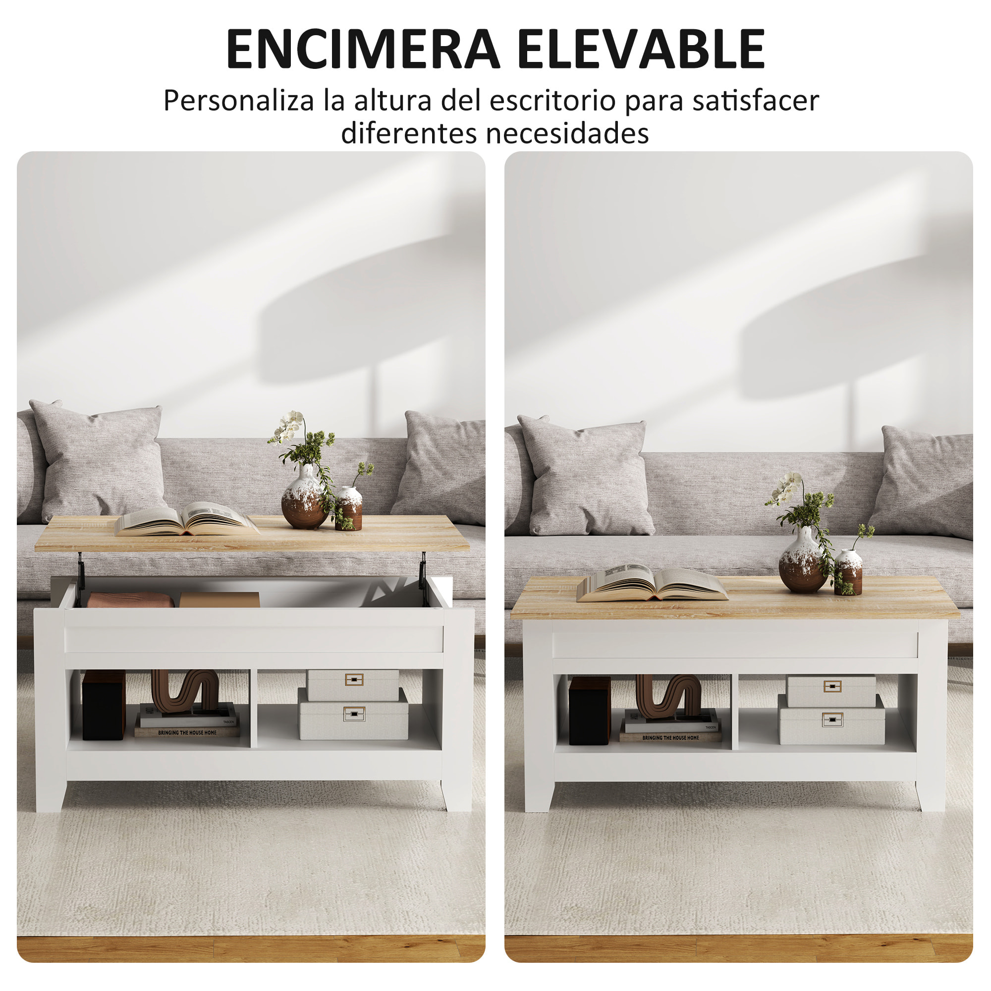 Mesa de Centro Elevable Mesa de Café con Encimera Elevable 2 Compartimentos Abiertos y Espacio Oculto de Almacenaje 105x50x49 cm Blanco y Natural