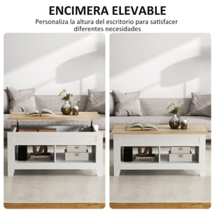 Mesa de Centro Elevable Mesa de Café con Encimera Elevable 2 Compartimentos Abiertos y Espacio Oculto de Almacenaje 105x50x49 cm Blanco y Natural