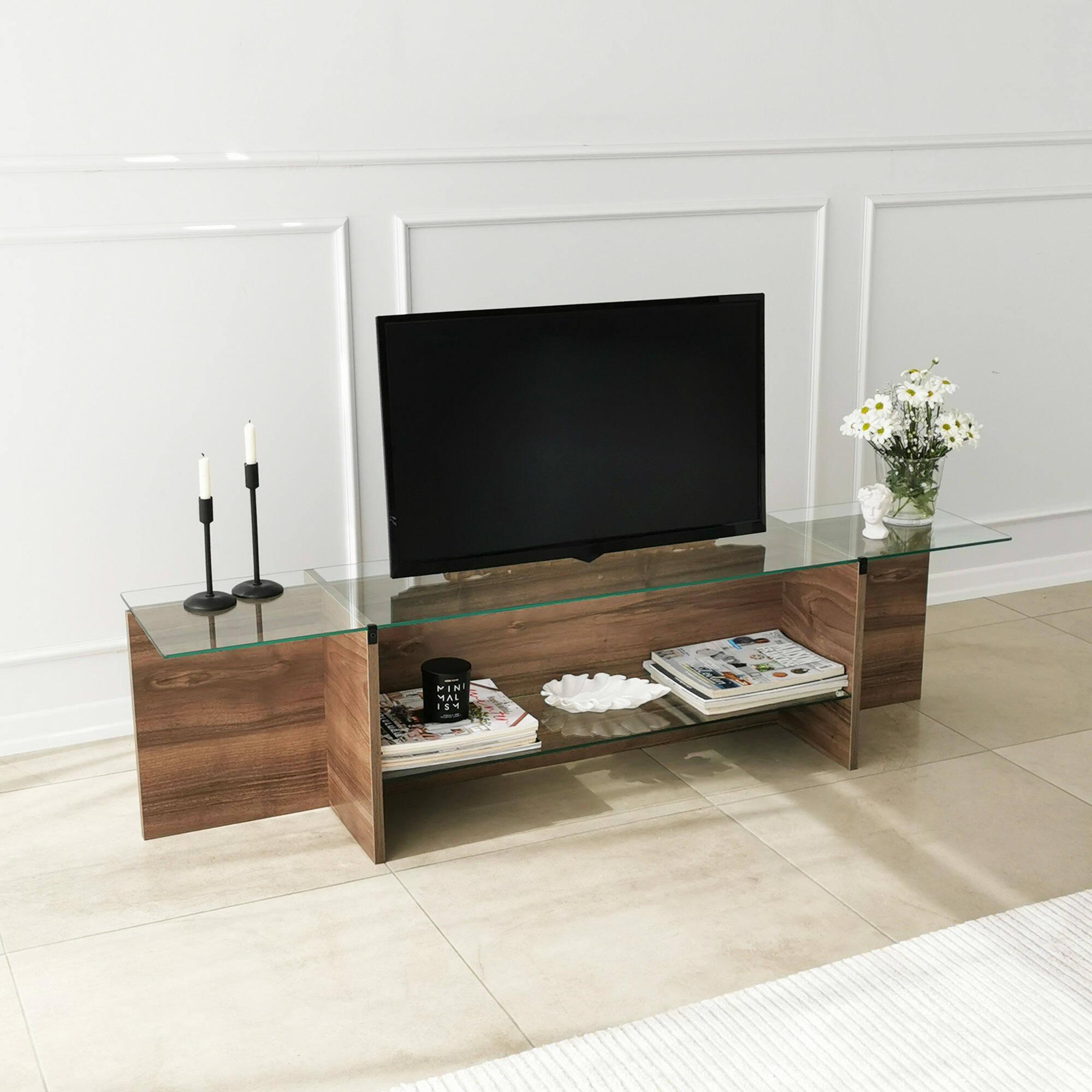 Mobile porta TV Dlinett, Credenza da soggiorno, Armadio basso per TV, Base parete attrezzata, 158x35h40 cm, Noce