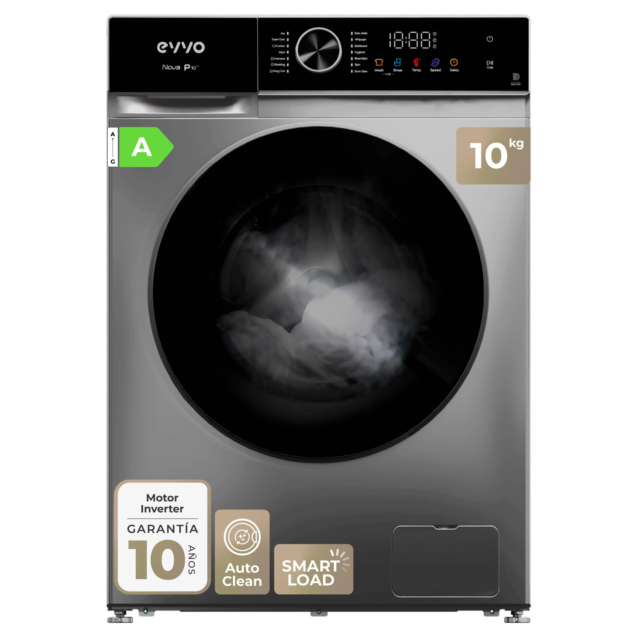 EVVO Lavadora 10 kg carga frontal Nova P10, 1200 rpm, Clase energética A, , Lavado Rápido 15', SMART LOAD, Tambor ePROTECT, Inicio diferido, Inox