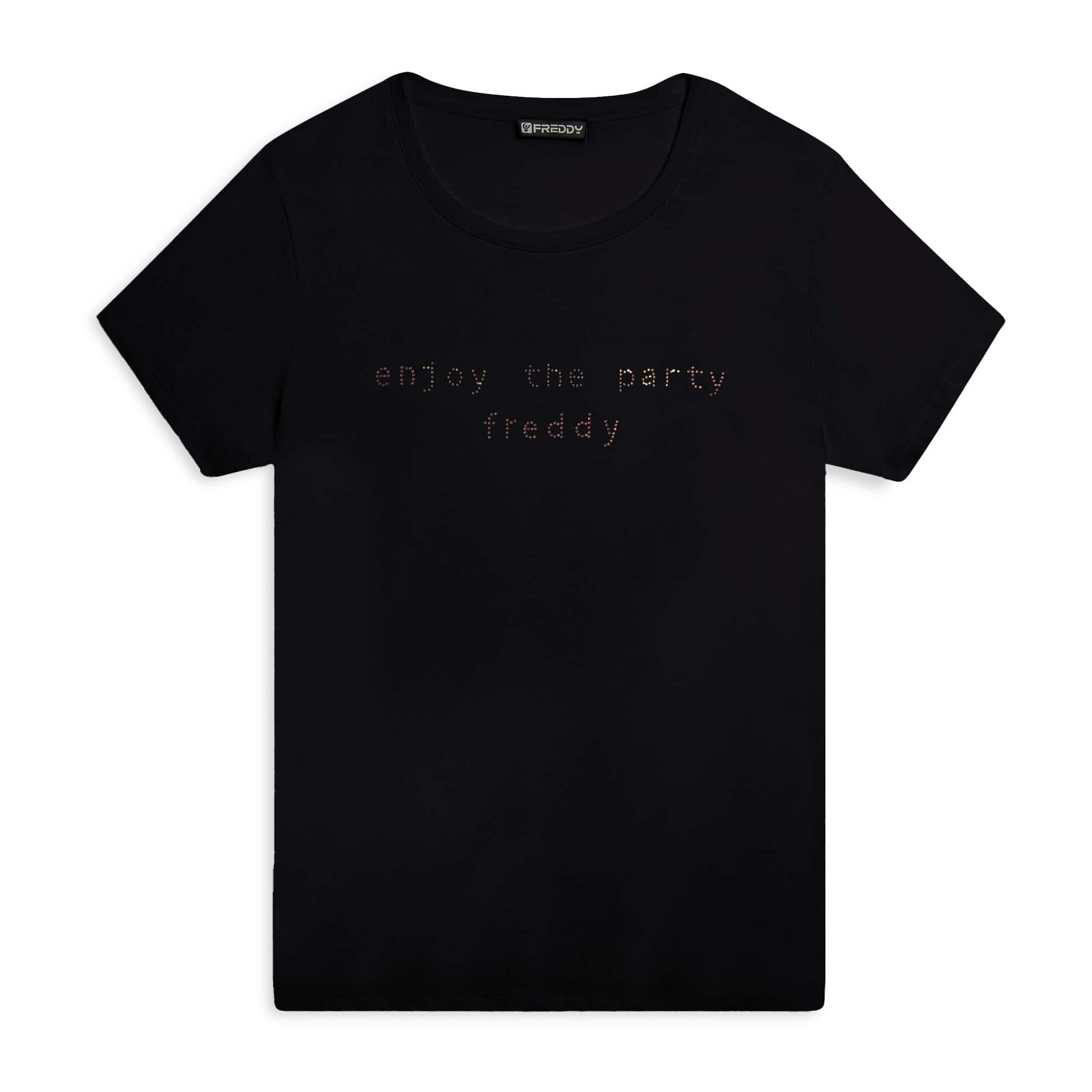 T-shirt con grafica “Enjoy the party” in strass