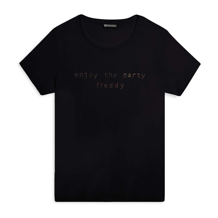 T-shirt con grafica “Enjoy the party” in strass