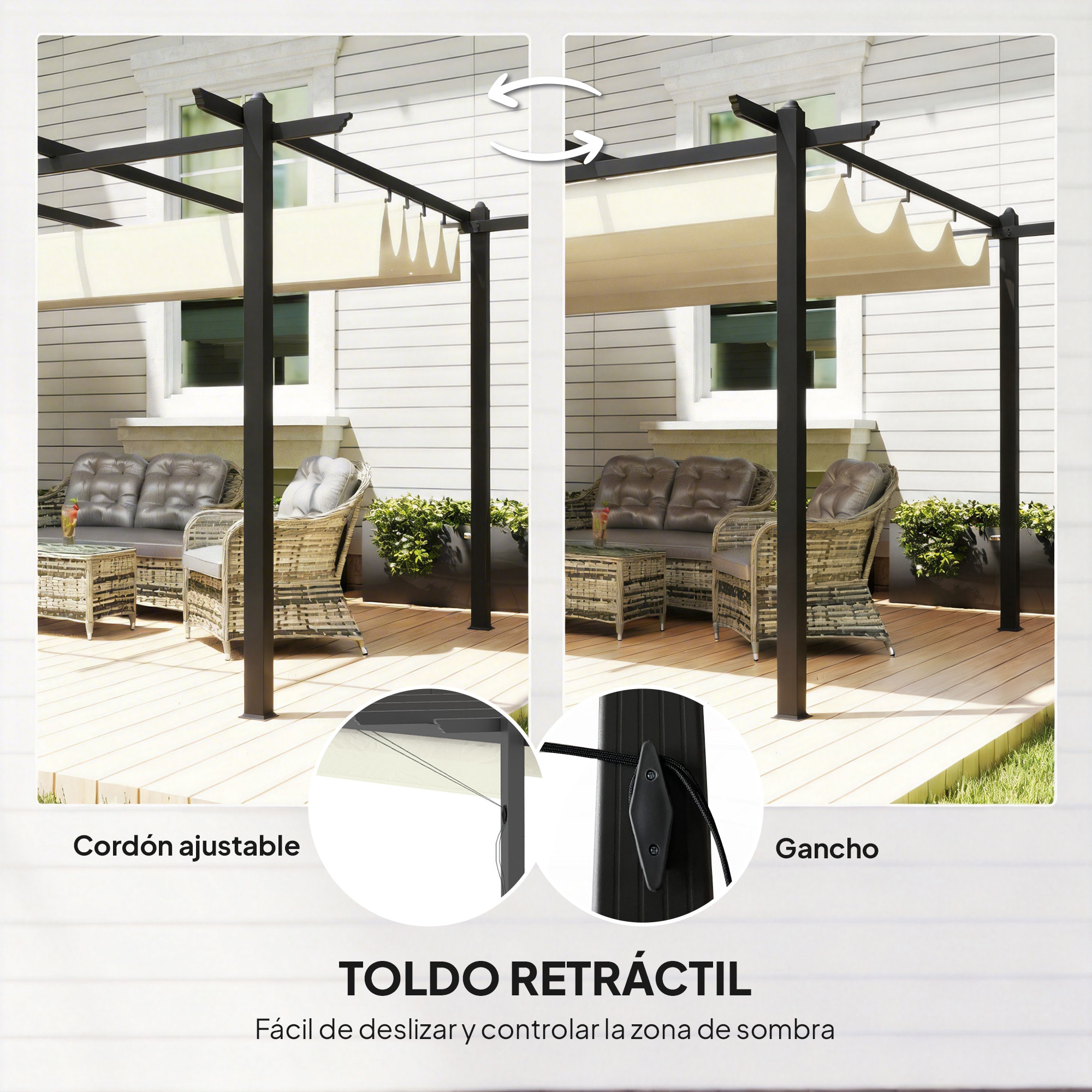 Pérgola de Jardín 4x3 m con Techo Retráctil, Cenador de Jardín con Estructura de Aluminio, UPF30+, Orificios de Drenaje, Pabellón para Exterior, Patio, Terraza, Crema