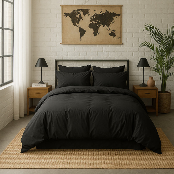 Paire de Taies d'oreiller avec volant 100% percale de coton lavé noir minuit