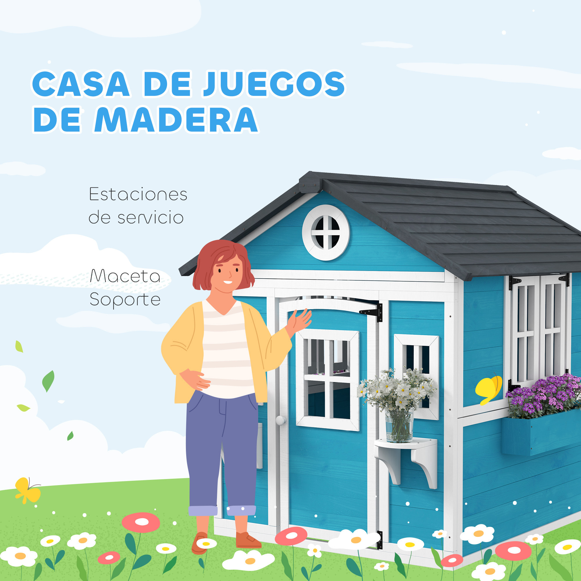 Casa de Jardín Infantil Casa de Madera para Niños con Puerta Ventanas Jardineras y Soportes de Flores 114x126,4x135 cm Azul
