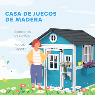 Casa de Jardín Infantil Casa de Madera para Niños con Puerta Ventanas Jardineras y Soportes de Flores 114x126,4x135 cm Azul
