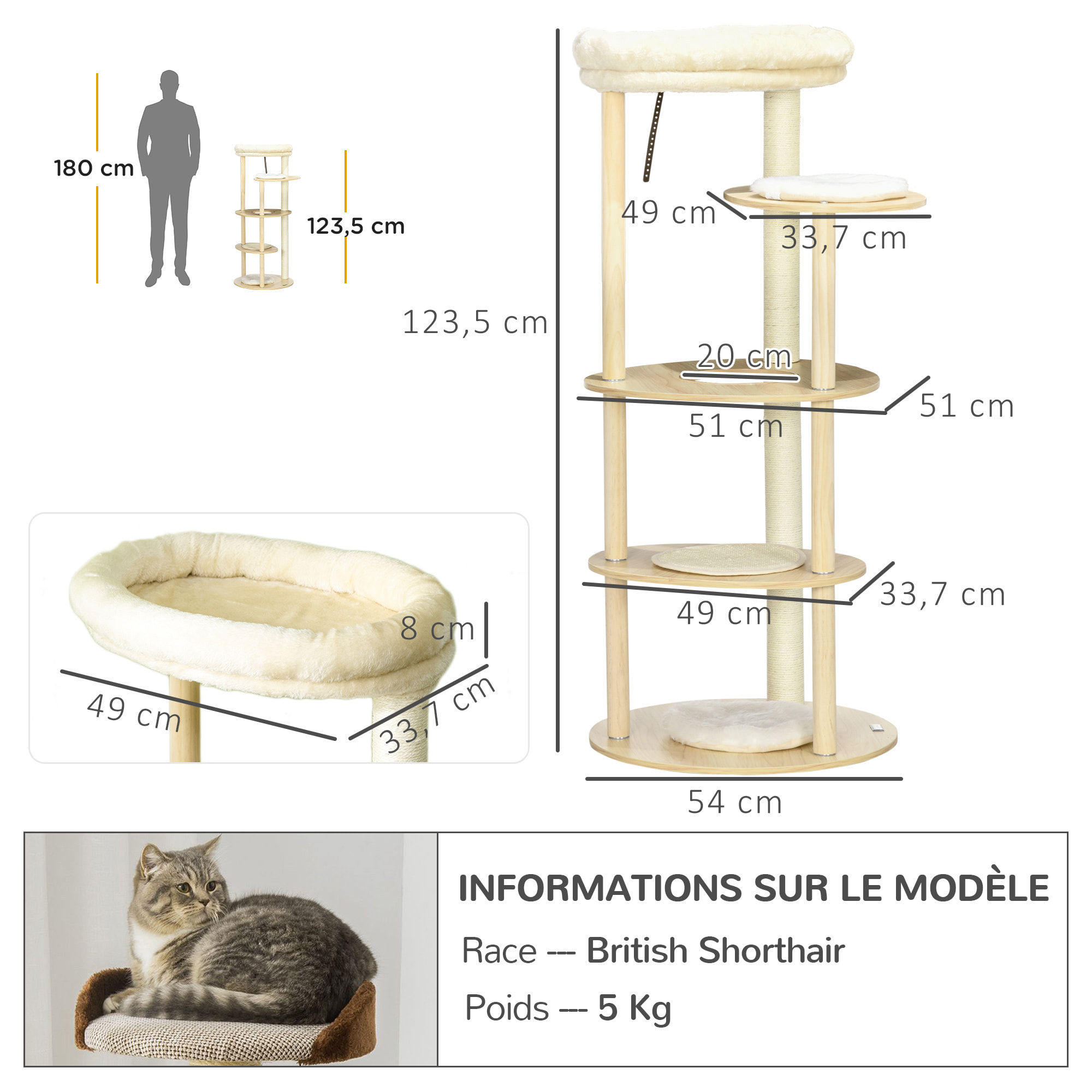 Arbre à chat style nordique griffoir sisal naturel 4 plateformes coussins panier d'observation amovible bois pin panneaux bois clair