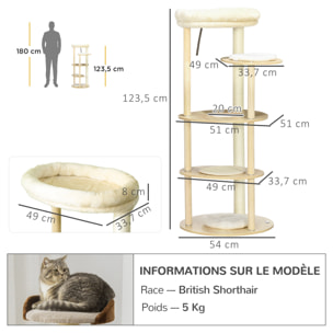 Arbre à chat style nordique griffoir sisal naturel 4 plateformes coussins panier d'observation amovible bois pin panneaux bois clair