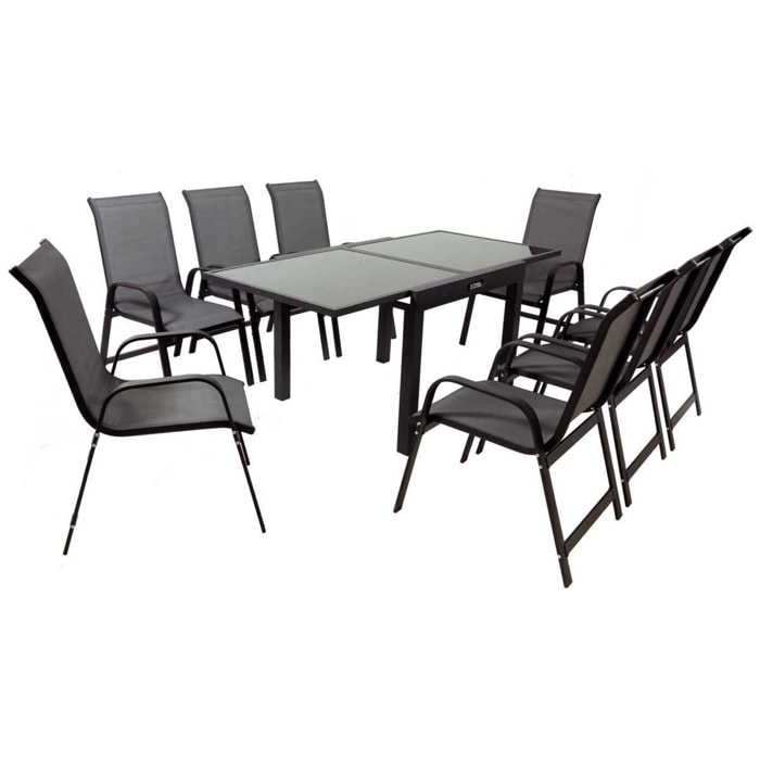 Table extensible et chaises de jardin en aluminium "Porto 8" - Phoenix - Noir/Gris foncé - 1 Table 90/180 + 8 Fauteuils