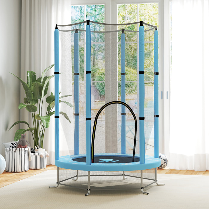 Trampoline enfant Ø140 cm - filet sécurité, porte zippée, 6 poteaux rembourrés - bleu ciel