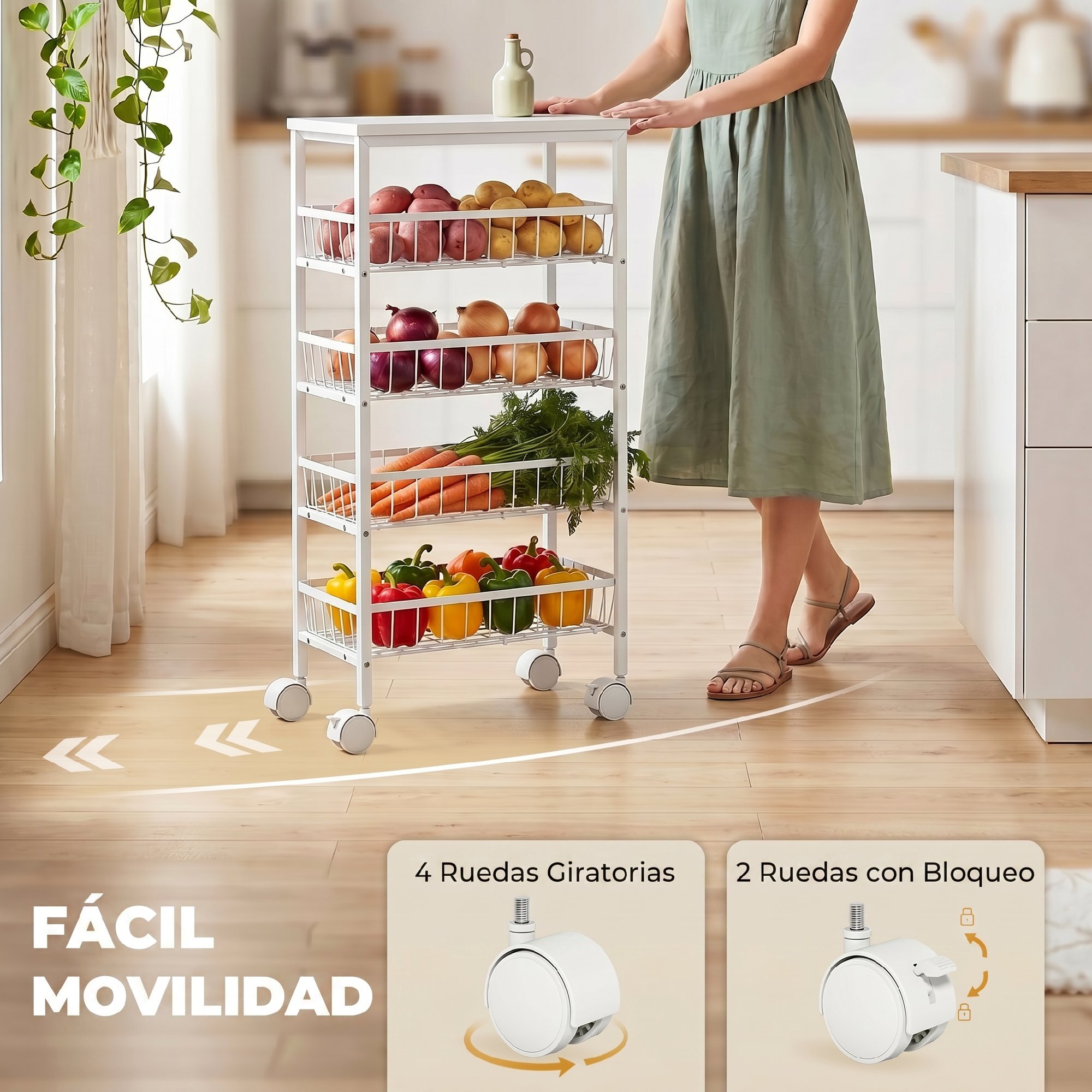 Carrito Auxiliar con Ruedas, Carrito de Cocina con 4 Cestas Extraíbles, Carga 15 kg, Marco Metálico, para Comedor, Sala de Estar, Baño, 40x24x82 cm, Blanco