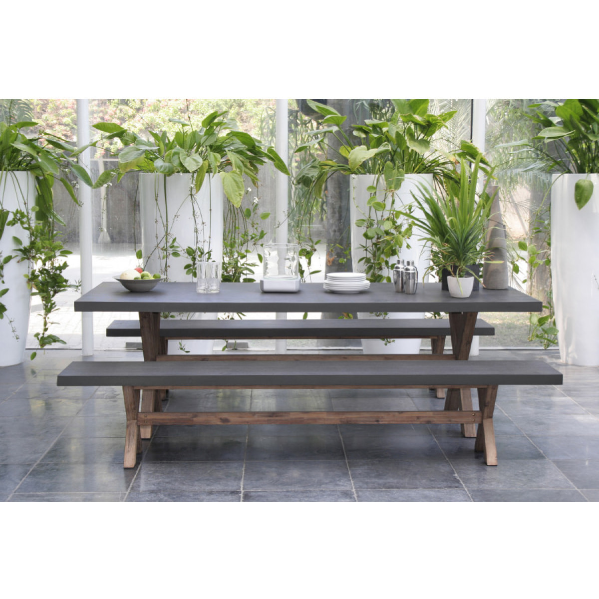 HANS - SALON DE JARDIN EN FIBRE DE BETON ET ACACIA 8 pers - Ensemble jardin - 1 Table rectangulaire 200*100 cm et 2 bancs