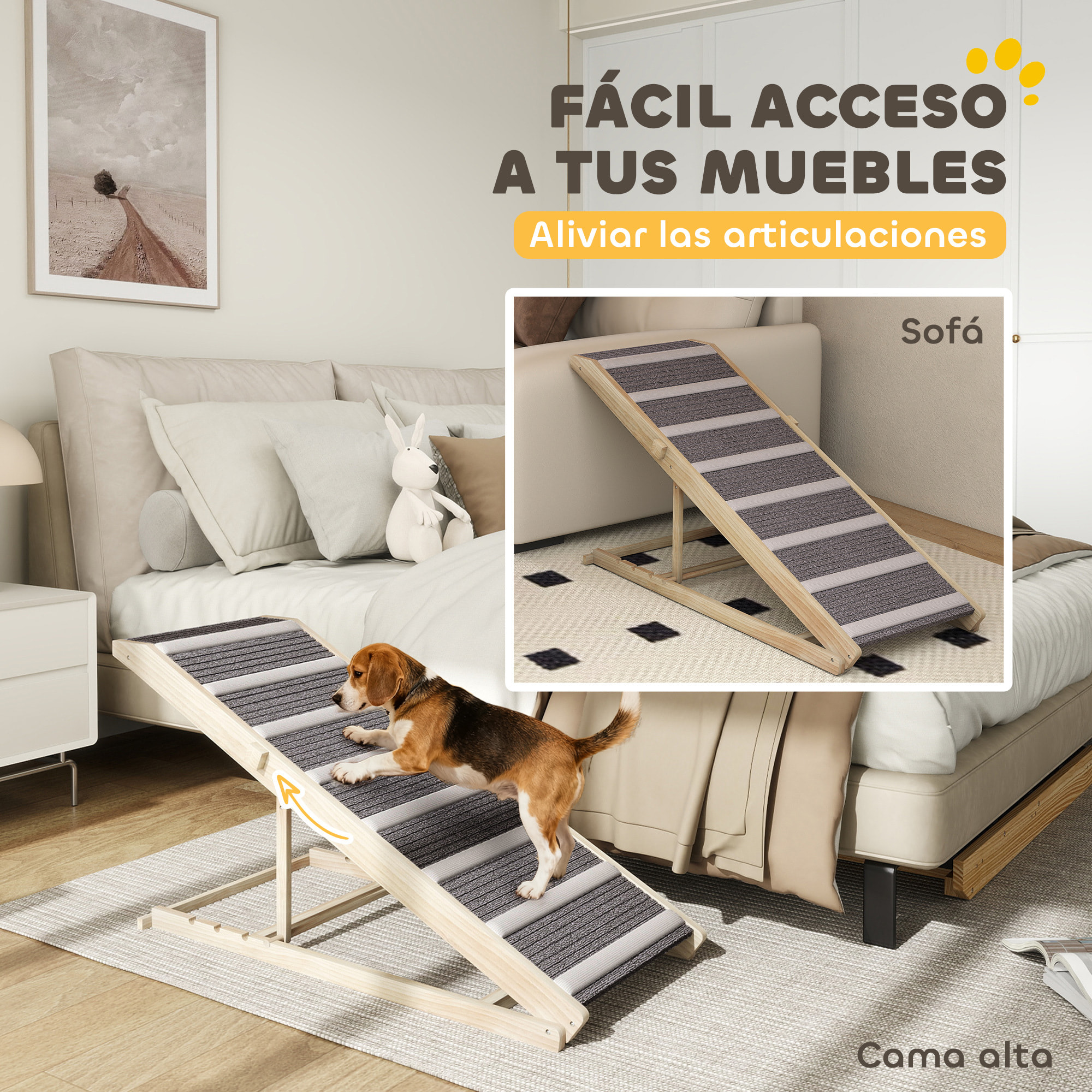 Rampa para Perros Plegable y Altura Ajustable 41-60 cm, Rampa para Mascotas de Madera con Alfombrilla Antideslizante y Asa, para Perros Pequeños Medianos y Grandes, para Cama Sofá, 120x50x60 cm