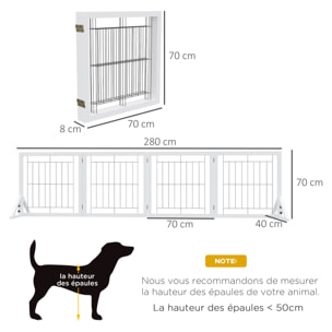 Barrière de sécurité pour animaux autoportante - barrière modulable pliable 4 panneaux - 2 pieds support - acier noir bois blanc