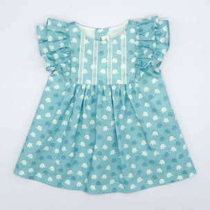 VESTIDO VOLANTES ELEFANTES AZUL Y BLANCO