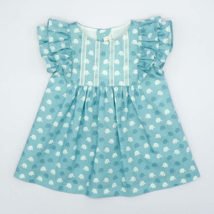 VESTIDO VOLANTES ELEFANTES AZUL Y BLANCO